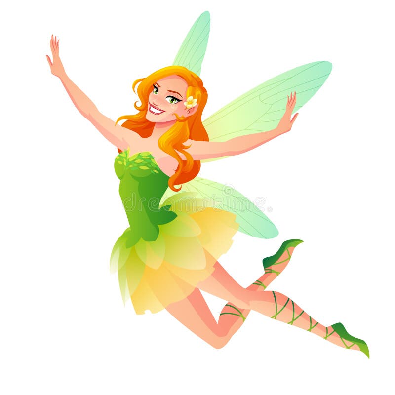 Flying and Presenting Fairy with Wings in Green. Vector Illustration ...