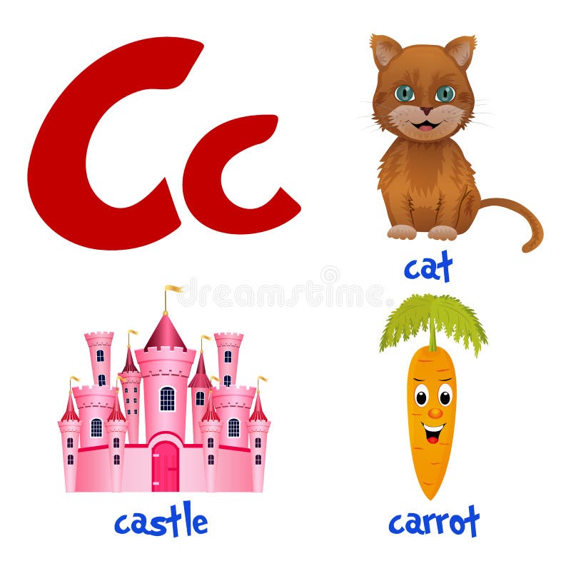 Vector Cute Kids Cartoon Alphabet. Letter C with Castle, Cat and Carrot ...