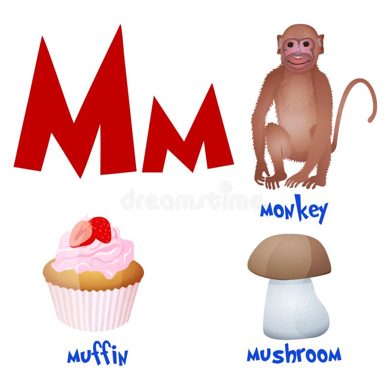 Vector Cute Kids Cartoon Alphabet. Letter M with Monkey, Muffin and ...