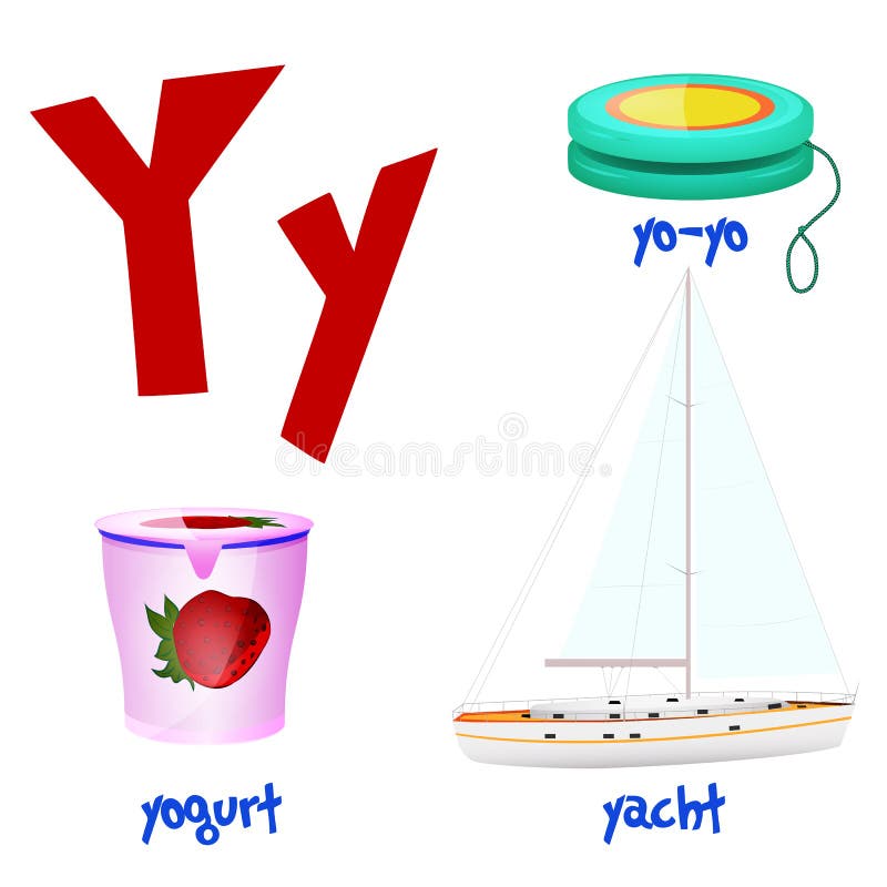 Vector Cute Kids Cartoon Alphabet. Letter Y with Yo-Yo,Yogurt and Yacht ...