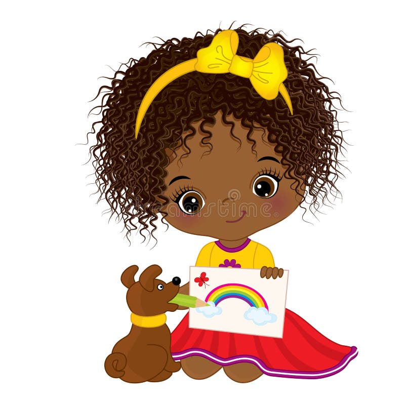 Vector cute Little African American Artist Drawing. Vector Little Girl vector illustration Vector cute Little African American Artist Drawing. Vector Little Girl vector illustration