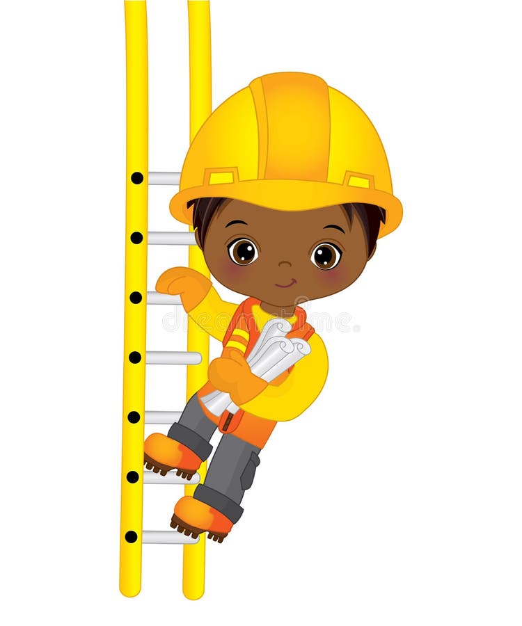 Vector Cute Little African American Boy Climbing Up the Ladder. Vector Construction