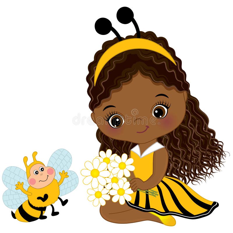 Vector cute little African American girl with bee and flowers. Little girl dressed in bee style. Vector little girl. Little African American girl vector illustration