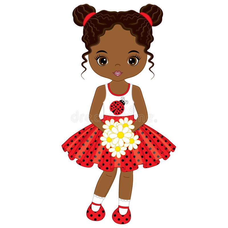 Vector cute little African American girl with flowers. Vector little girl in polka dot dress. African American little girl vector illustration