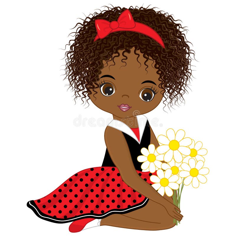 Vector cute little African American girl with flowers. Vector little girl in polka dot dress and red bow. African American little girl vector illustration