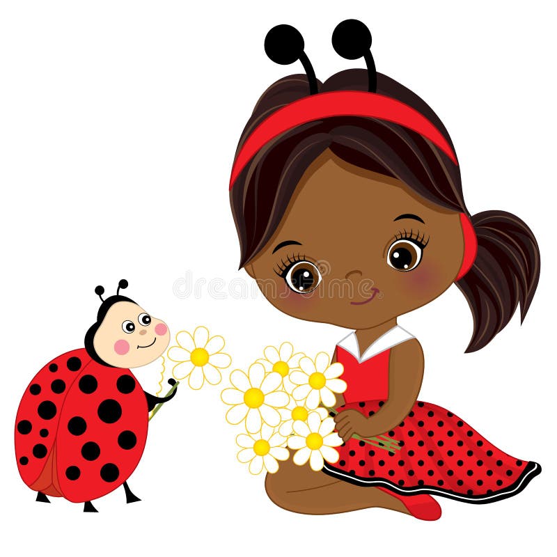 Vector Cute Little African American Girl with Ladybug and Flower