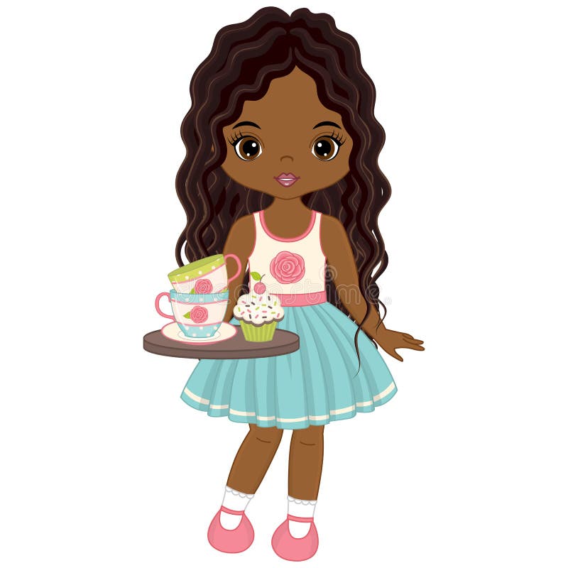 Vector Cute Little African American Girl with Tray, Tea Cups and Cupcake. Vector Tea Party.