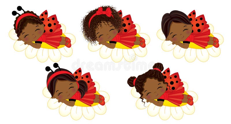 Vector cute little African American girls with various hairstyles. Vector little girls dressed in ladybug style sleeping on flowers. Little African American girls vector illustration. Vector cute little African American girls with various hairstyles. Vector little girls dressed in ladybug style sleeping on flowers. Little African American girls vector illustration