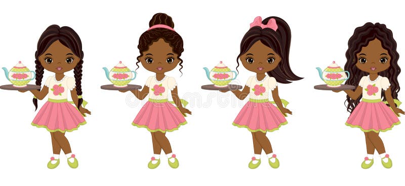 Vector Cute Little African American Girls with Tea Pots