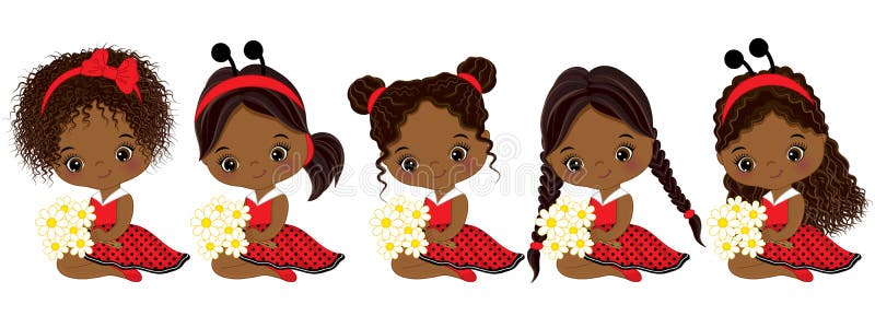 Vector cute little African American girls with various hairstyles. Vector little girls dressed in ladybug style. Little African American girls vector illustration