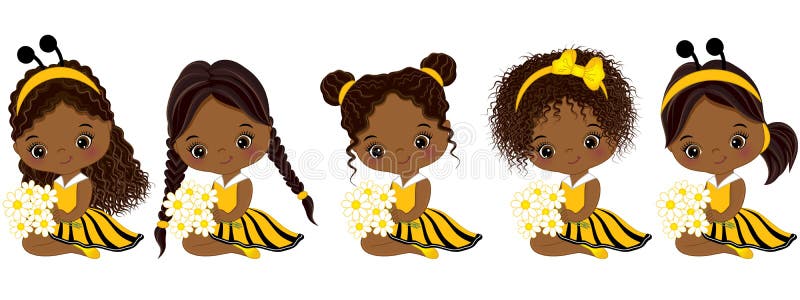 Vector cute little African American girls with various hairstyles. Little girls dressed in bee style. Vector little girl. Little African American girls vector illustration