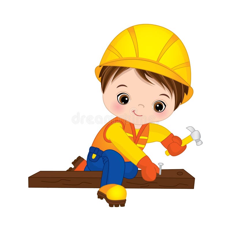 Vector Cute Little Boy Hammering Nails. Vector Little Builder Stock