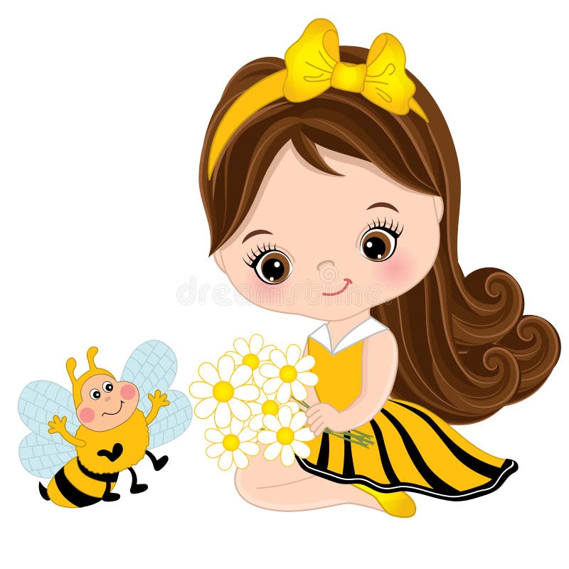 Vector cute little girl with cartoon bee and flowers. Little girl dressed in bee style. Vector little girl. Little girl vector illustration. Vector cute little girl with cartoon bee and flowers. Little girl dressed in bee style. Vector little girl. Little girl vector illustration