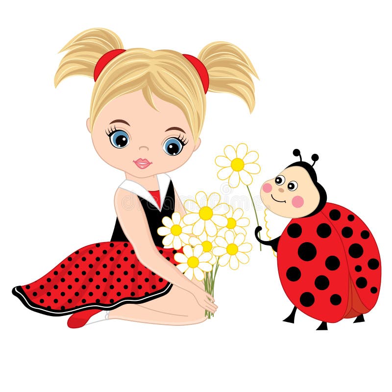 Vector cute little girl with ladybug and flowers. Vector little girl in polka dot dress. Ladybug and little girl vector illustration.