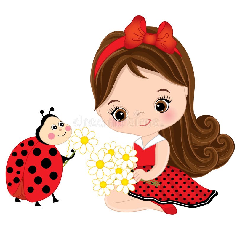 Vector cute little girl with ladybug and flowers. Vector little girl in polka dot dress. Little girl with ladybug vector illustration