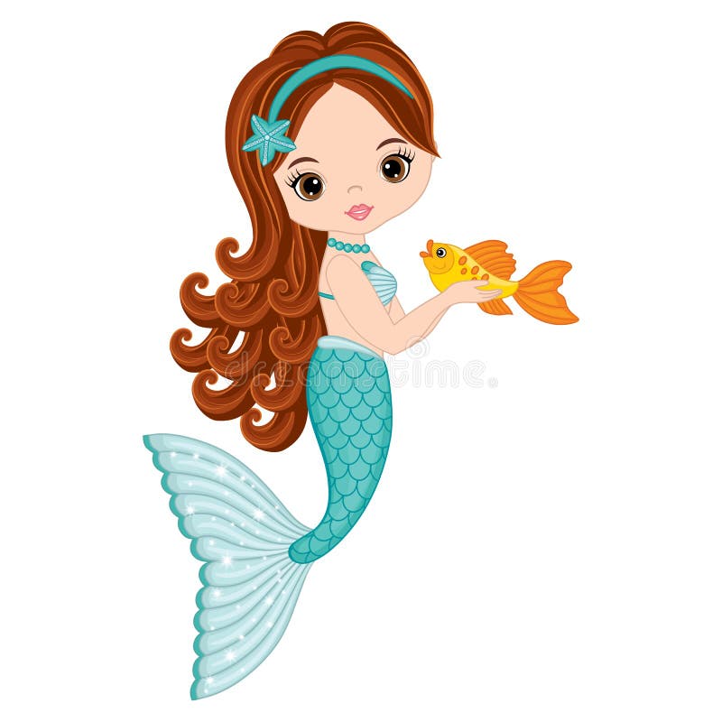 Vector Cute Little Mermaid with Fish. Vector Mermaid