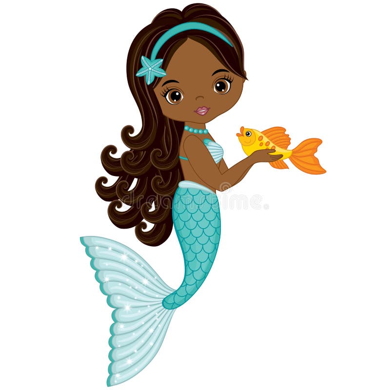 African American Mermaid with Turquoise Fishtail. Vector Mermaid