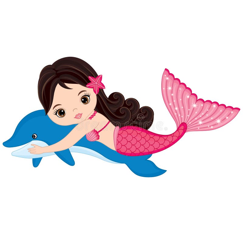 Vector Cute Little Mermaid Swimming With Dolphin Stock ...