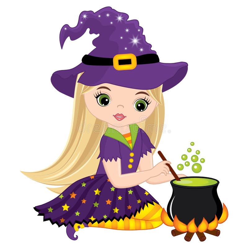Vector Cute Little Witch Cooking Magic Potion In Cauldron Stock Vector