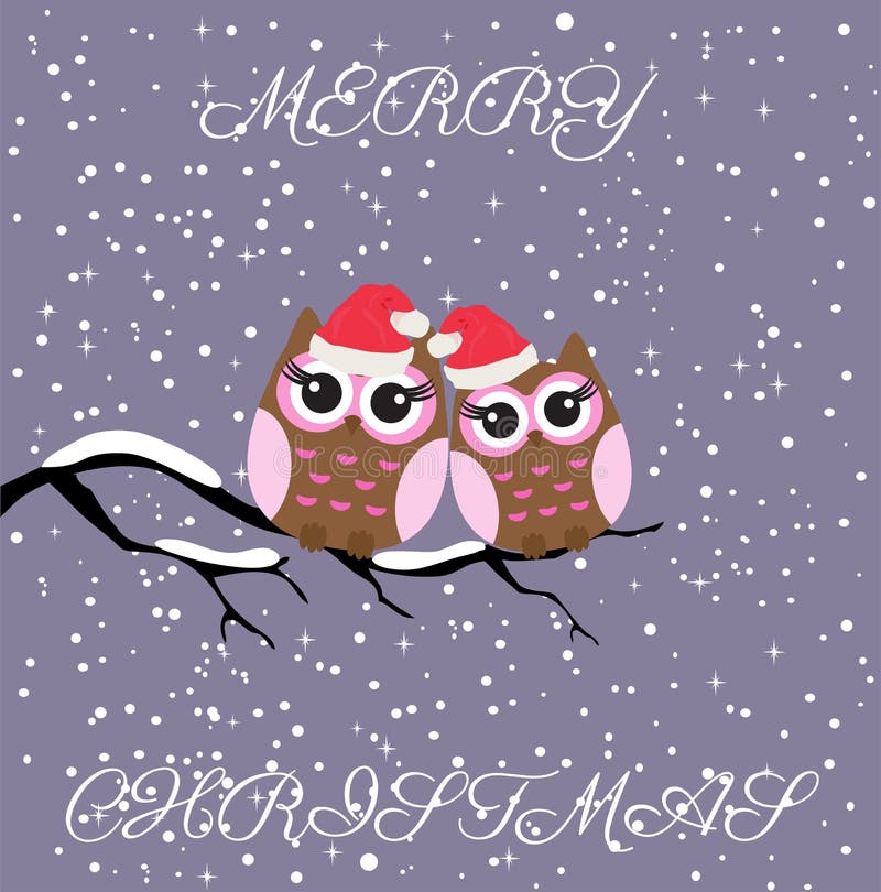 Vector Cute Owls Christmas Card with Snow. stock illustration