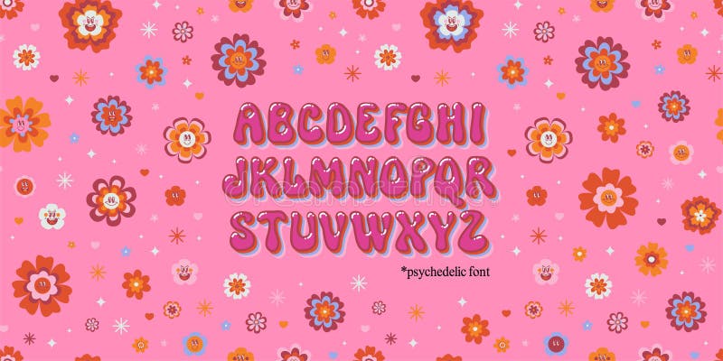 Cute psychedelic font on hippie smiling daisy flowers pink Barbie background. Cool retro kids design. Groovy vintage 60s 70s style typeface alphabet letters. Hand drawn nostalgic retro acid ABC. Cute psychedelic font on hippie smiling daisy flowers pink Barbie background. Cool retro kids design. Groovy vintage 60s 70s style typeface alphabet letters. Hand drawn nostalgic retro acid ABC