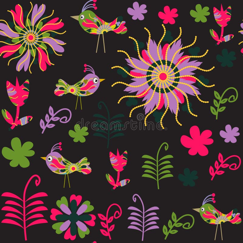 Vector cute seamless pattern with cartoon bird and