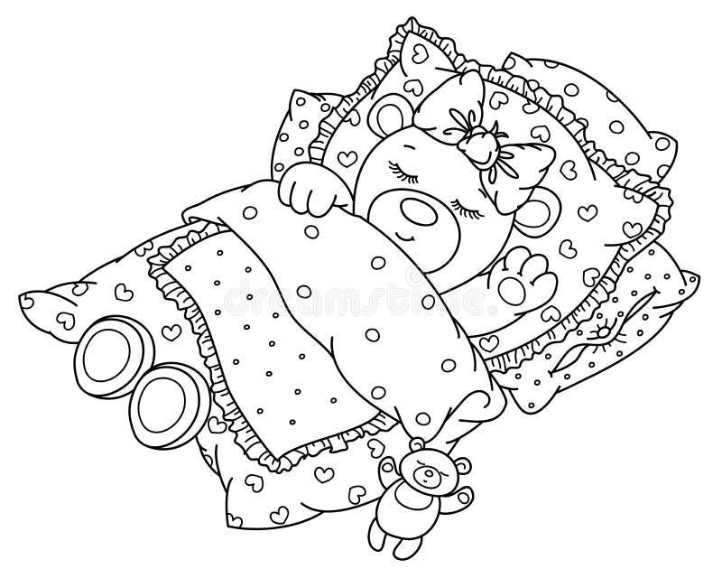 Vector cute, sleeping baby bear in bed. stock illustration.