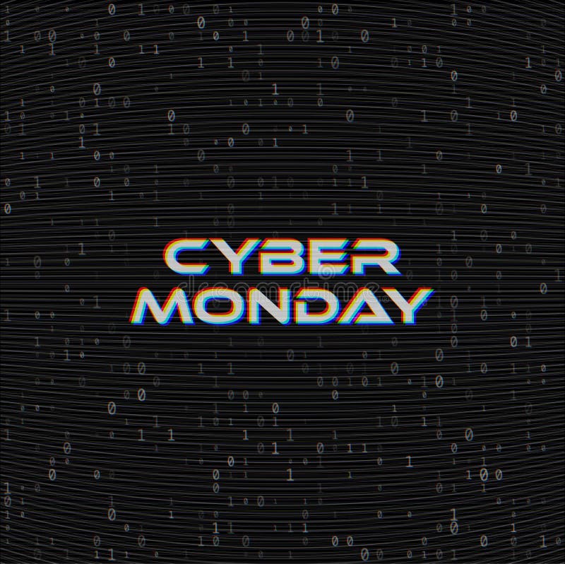 Vector Cyber monday Sale web banner on binary code dark background. Online web shopping data concept. Computer numbers 1,0. Analog