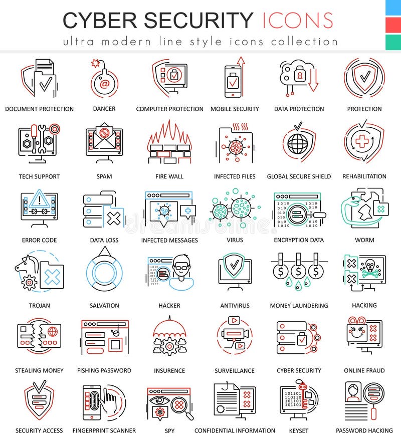 Vector Cyber security ultra modern color outline line icons for apps and web design. royalty free illustration