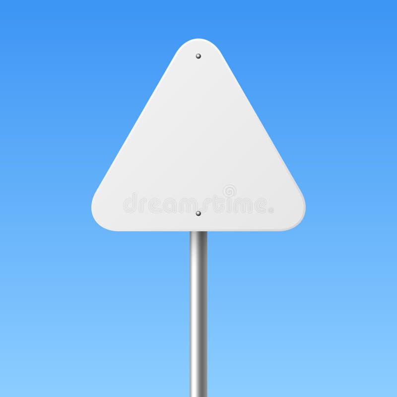 Vector 3d Blank Triangle Road Sign on Metal Pole. Empty Traffic Warning Sign Template on Blue Sky Background stock illustration
