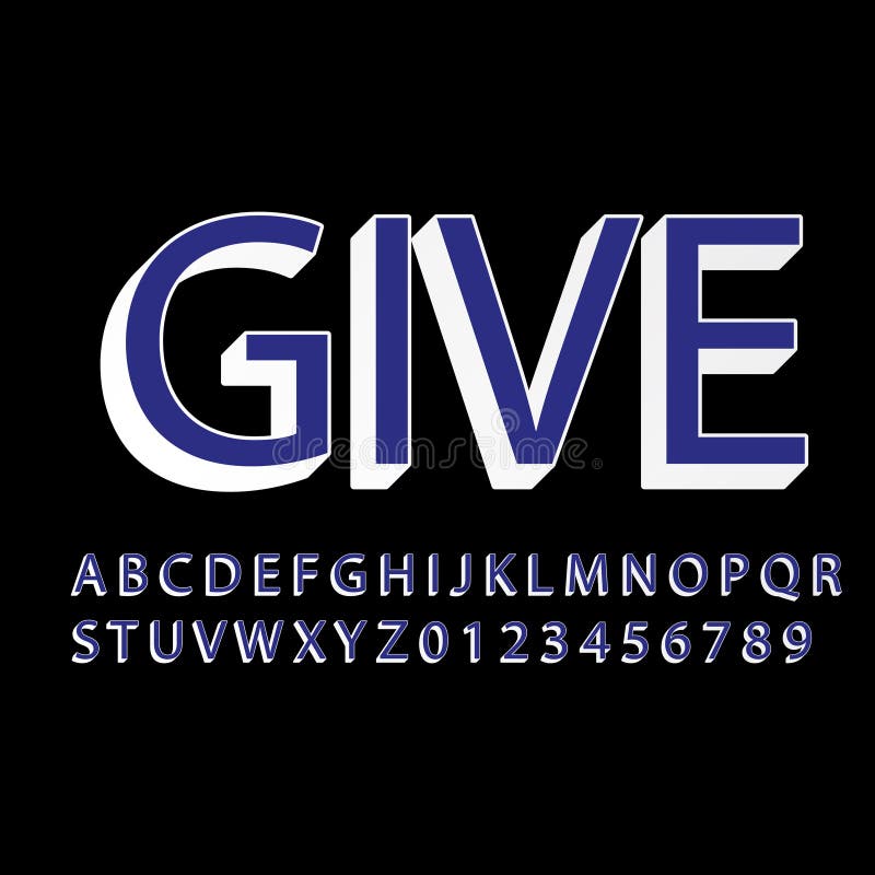 Vector 3d blue font alphabet and numbers, give word on black background design stock illustration