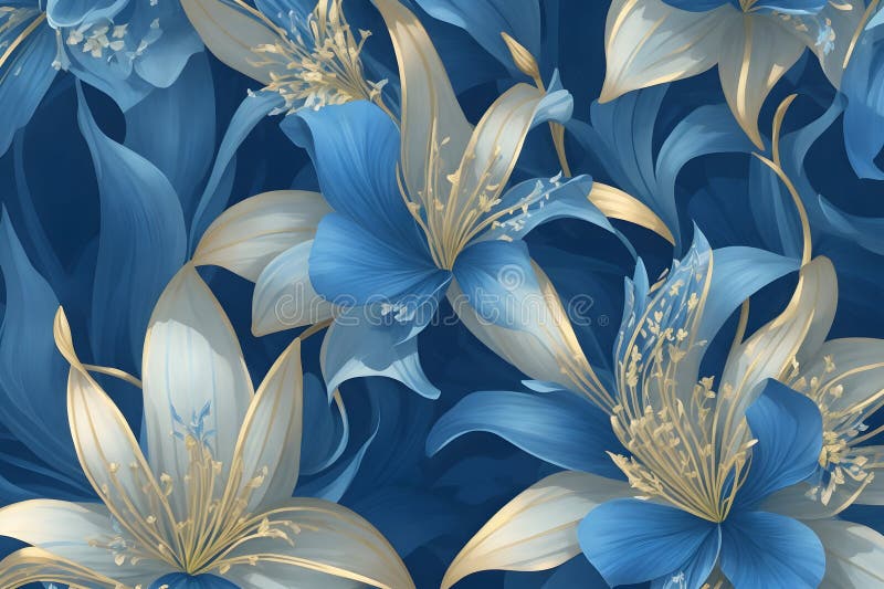 Seamless patern of lilies with blue branches, with texture in background of blue diamond rhombuses, gold arabesque royalty free illustration