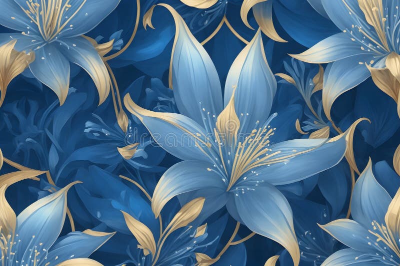 Seamless patern of lilies with blue branches, with texture in background of blue diamond rhombuses, gold arabesque royalty free illustration