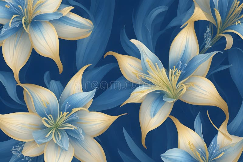 Seamless patern of lilies with blue branches, with texture in background of blue diamond rhombuses, gold arabesque stock illustration