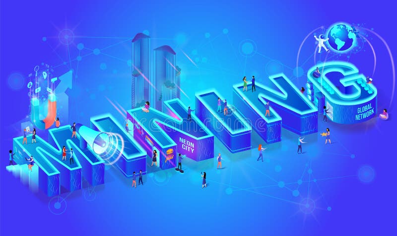 Vector 3d Neon Isometric Word Mining, City People vector illustration Vector 3d Neon Isometric Word Mining, City People vector illustration