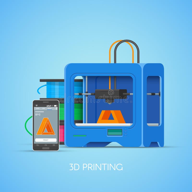 Vector 3D printin concept poster in flat style. Industrial printer print objects from smartphone. vector illustration