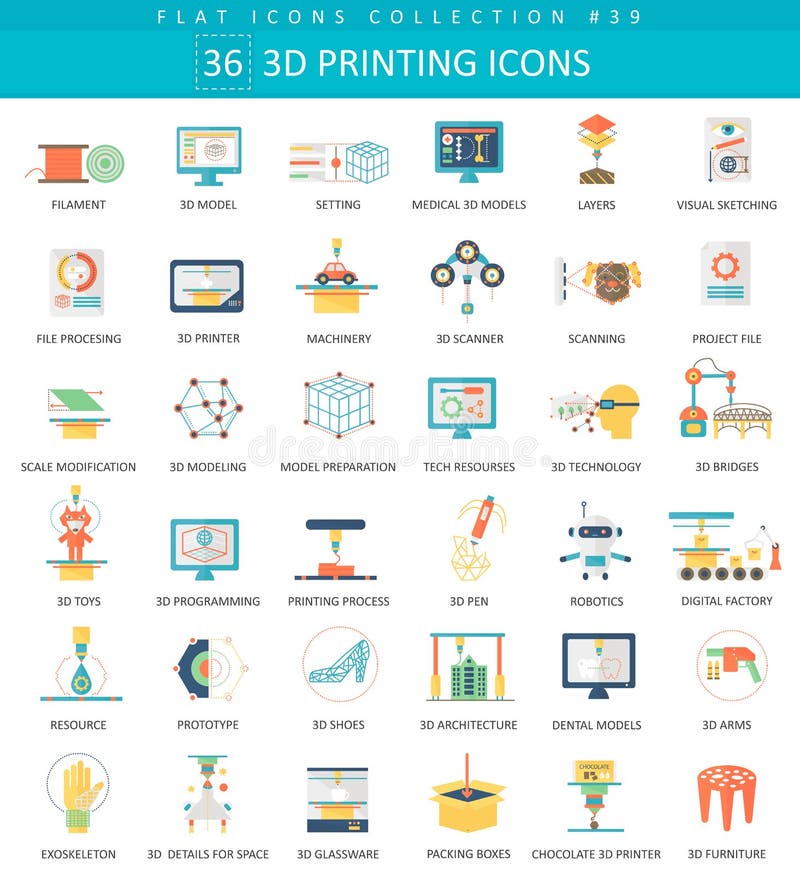 Vector 3D que imprime el sistema plano del icono Diseño del estilo elegante libre illustration Vector 3D que imprime el sistema plano del icono Diseño del estilo elegante libre illustration