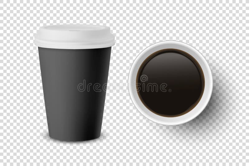 Vector 3d Realistic Black Disposable Closed and Opened Paper, Plastic Coffee Cup for Drinks with White Lid Set Closeup