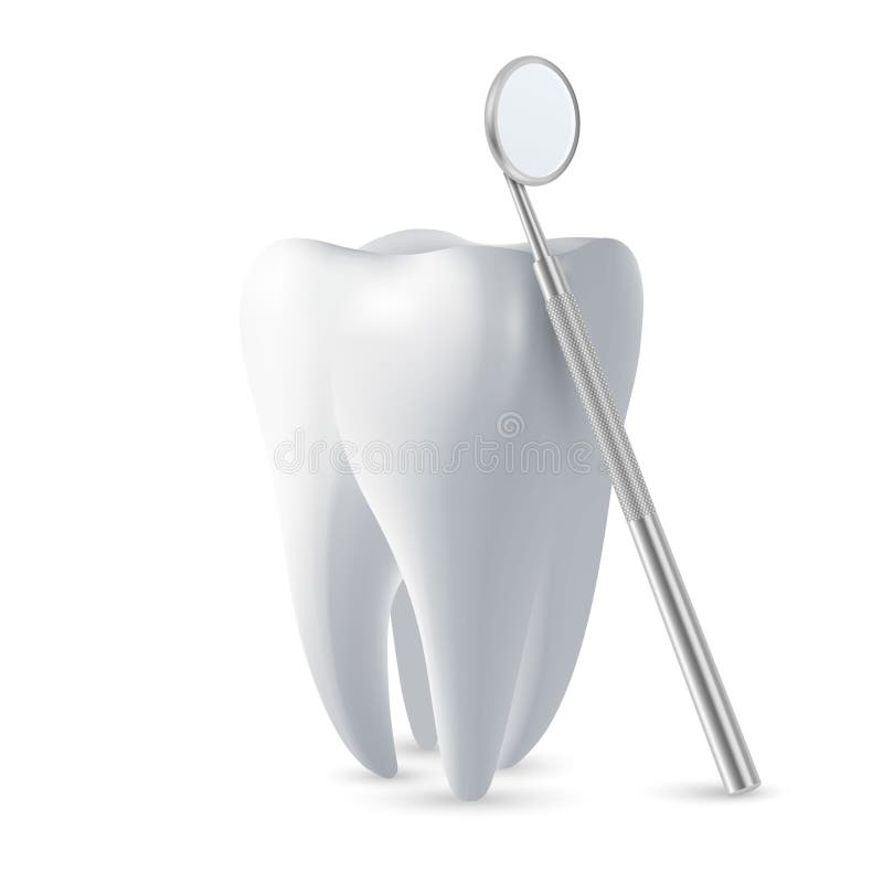 Vector 3d Realistic Dental Inspection Mirror for Teeth with Tooth Icon Closeup Isolated on White Background. Medical