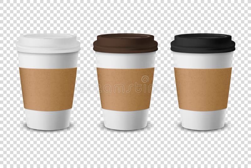 Vector 3d Realistic Disposable Closed Paper, Plastic Coffee Cup for Drinks with White, Brown and Black Lid Set Closeup