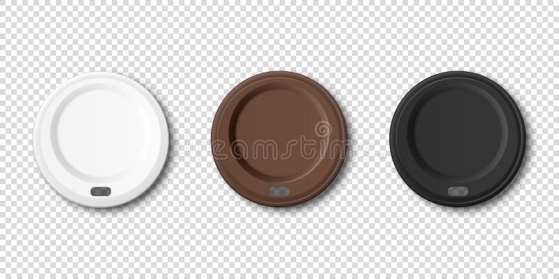 Vector 3d Realistic Disposable White, Brown, Black Plastic Coffee, Tea Cup Lid for Drinks Icon Set Closeup Isolated on