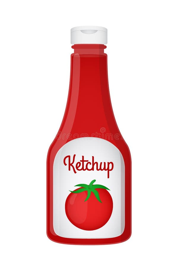 Vector 3d realistic ketchup bottle. Red tomato sauce, transparent glass