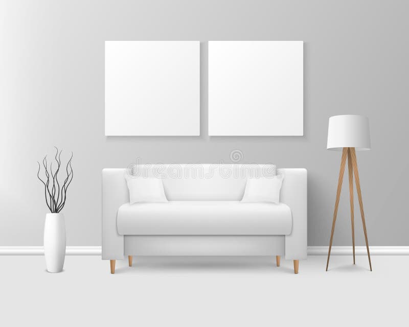 Vector 3d Realistic Render White Sofa, Couch with Pillows in Simple Style in Modern Room - Apartment, Salon, Art Gallery vector illustration Vector 3d Realistic Render White Sofa, Couch with Pillows in Simple Style in Modern Room - Apartment, Salon, Art Gallery vector illustration