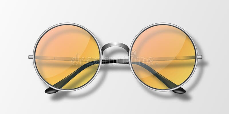 Vector 3d Realistic Round Frame Glasses Icon Isolated. Gray Silver Steel Chrome Frame. Transparent Orange Sunglasses for