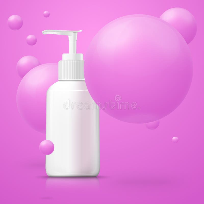 Vector White Pump Bottle with Big Pink Bubbles Stock Vector