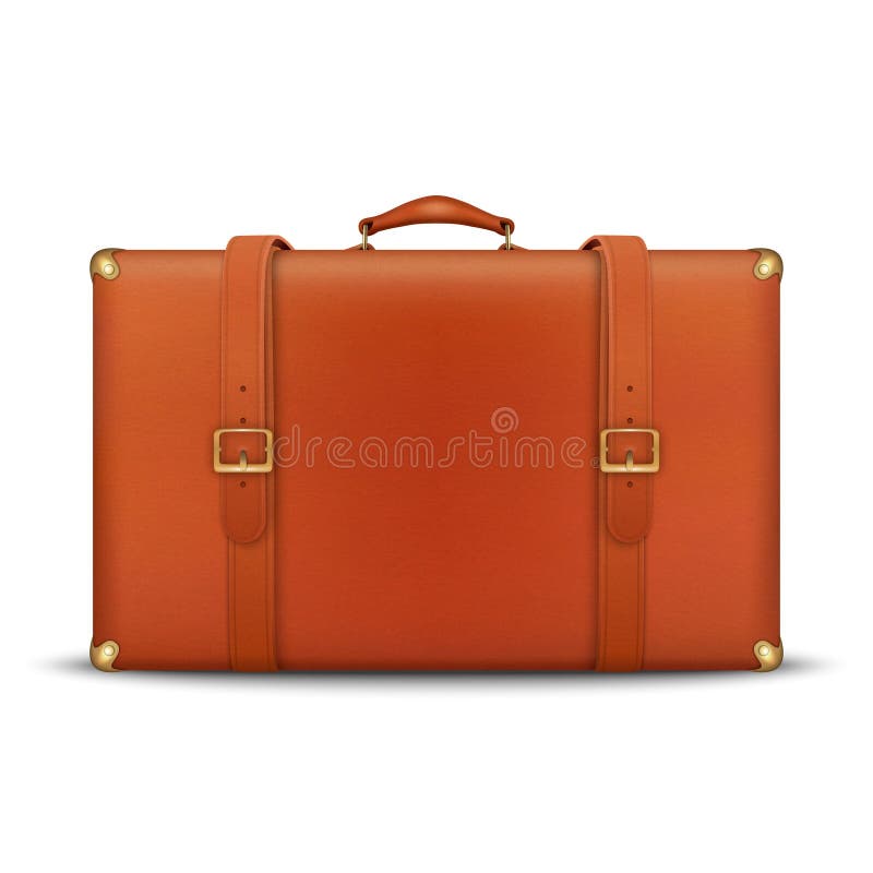 Vector 3d realistischer Retro-Leder-Braun-Threadbare-Suitcase mit Metallecken, Gürtel und Handle-Symbol geschlossen isoliert lizenzfreie abbildung