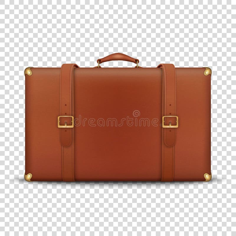 Vector 3d realistischer Retro-Leder-Braun-Threadbare-Suitcase mit Metallecken, Gürtel und Handle-Symbol geschlossen isoliert lizenzfreie abbildung
