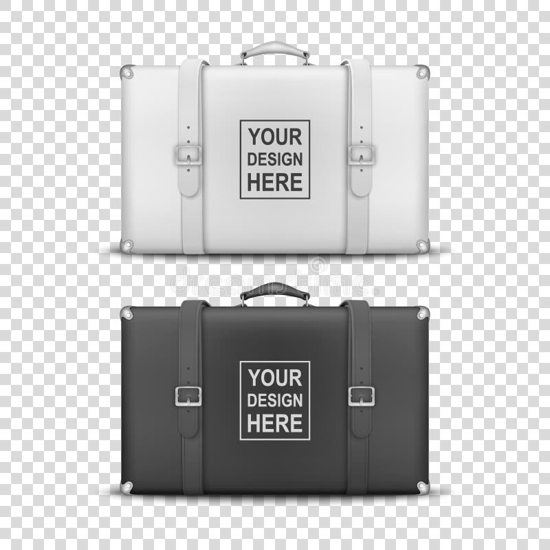 Vector 3d Realistisches Retro-Lederleder mit weißem und schwarzem Threadbare Suitcase mit Gürts-Icon-Set geschlossen am vektor abbildung