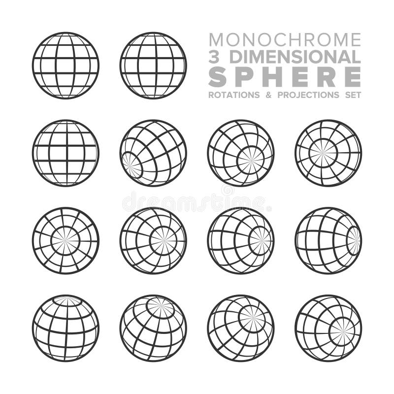 Vector 3d three dimensional monochrome sphere rotations and projections set