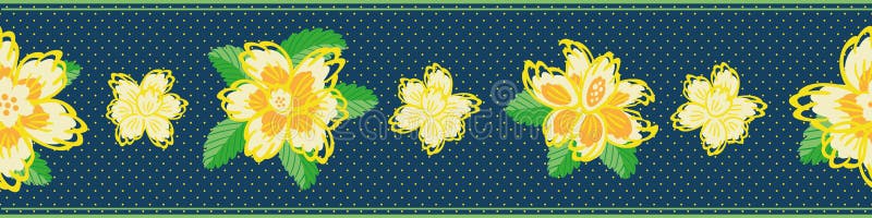 Vector daffodil flowers seamless border background. Bright yellow blue mix of narcissus flower heads banner. Hand drawn